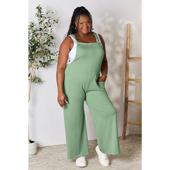 Double Take Pants - DOUBLE TAKE Plus Green Wide Strap Wide Leg Overalls with Pockets NEW